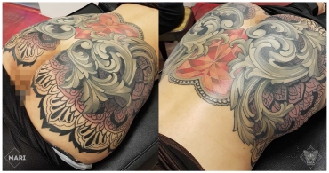 Composizione di due immagini affiancate con tatuaggio ornamentale e lavorazioni barocche 